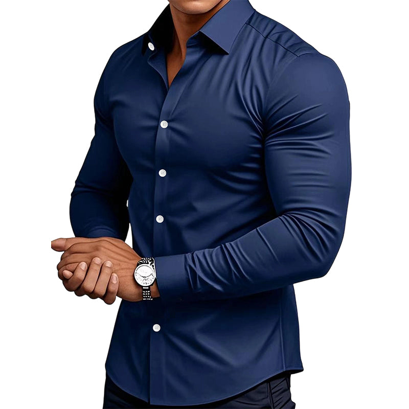 🔥Camisa de manga longa con botóns e solapa de cor sólida para homes de alta calidade Four Seasons