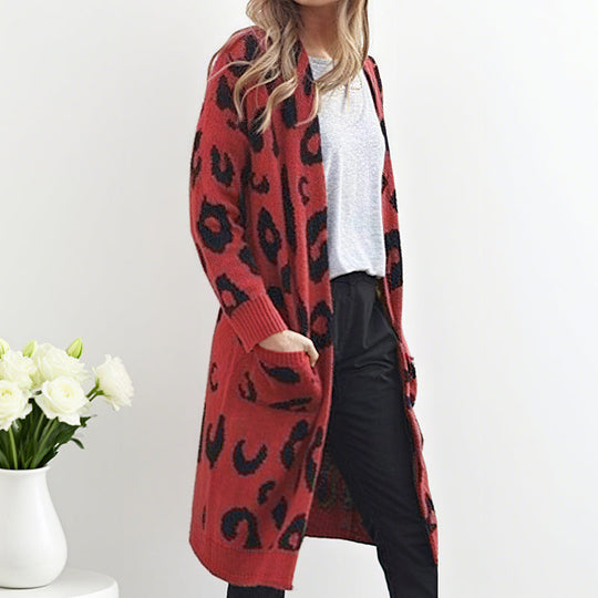 Cárdigan de punto con estampado de leopardo de moda para mulleres