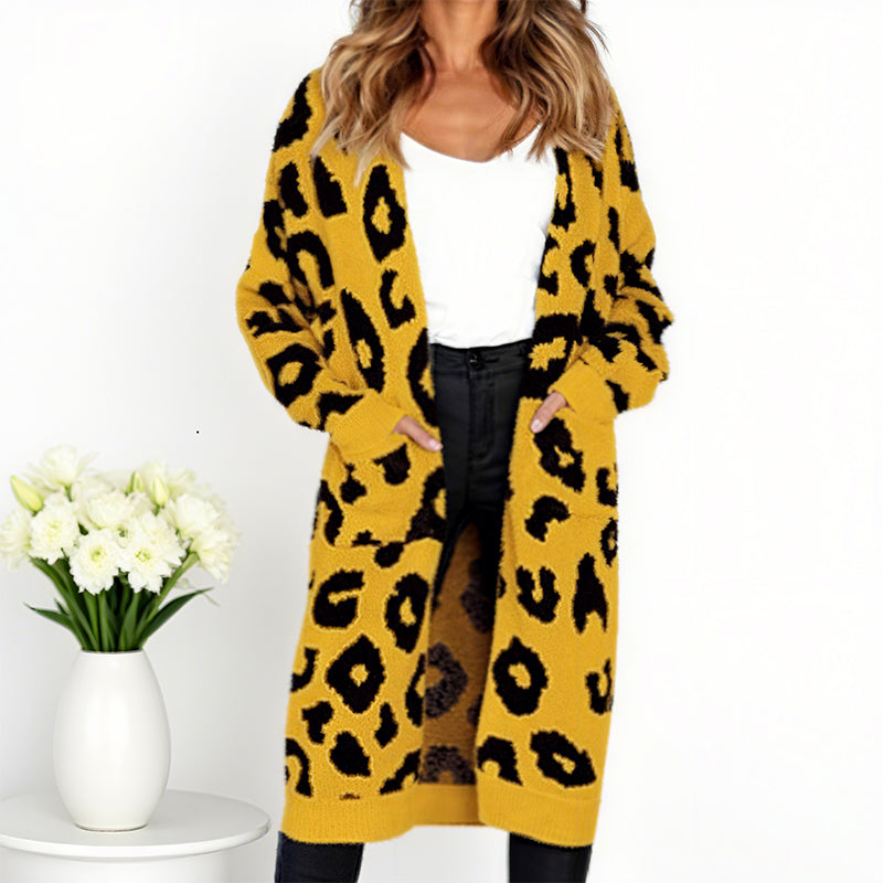 Cárdigan de punto con estampado de leopardo de moda para mulleres