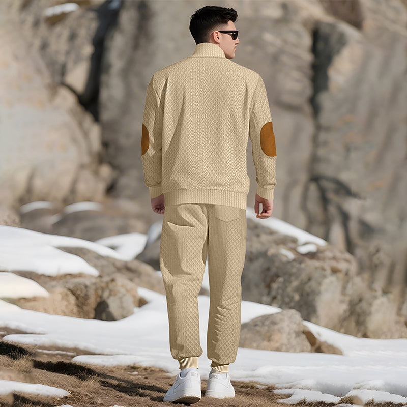 Casual Jacquard Set: Stand Collar Top + Elastic Cuff Pants – Rich Jacquard Texture & Elegant Neckline, Daily Wear Essential!