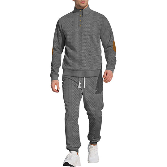 Casual Jacquard Set: Stand Collar Top + Elastic Cuff Pants – Rich Jacquard Texture & Elegant Neckline, Daily Wear Essential!