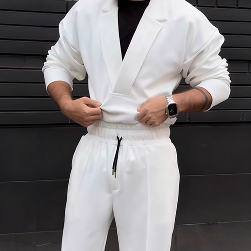 Men's Casual Lapel Top & Drawstring Pants Set