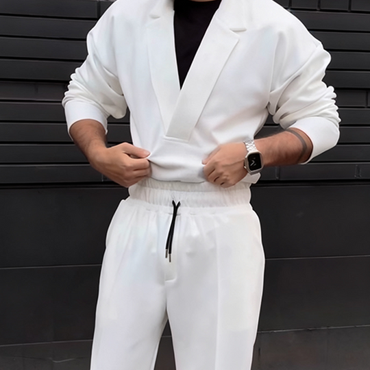 Men's Casual Lapel Top & Drawstring Pants Set