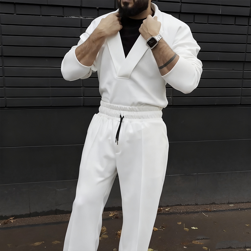 Men's Casual Lapel Top & Drawstring Pants Set
