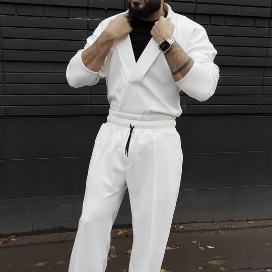 Men's Casual Lapel Top & Drawstring Pants Set