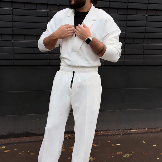 Men's Casual Lapel Top & Drawstring Pants Set
