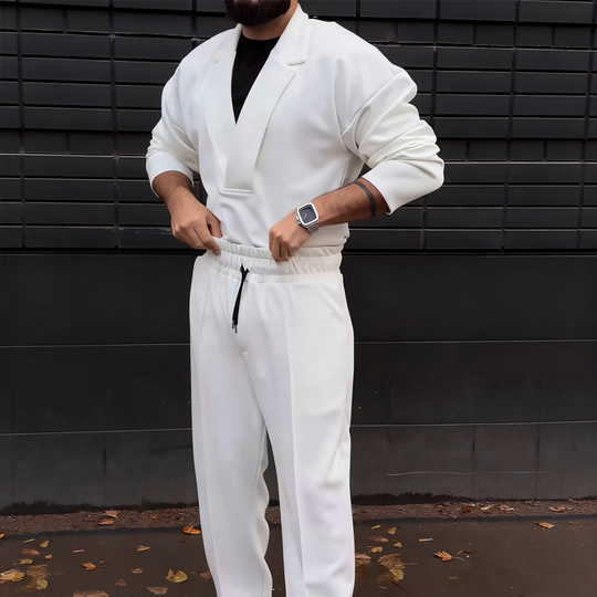 Men's Casual Lapel Top & Drawstring Pants Set