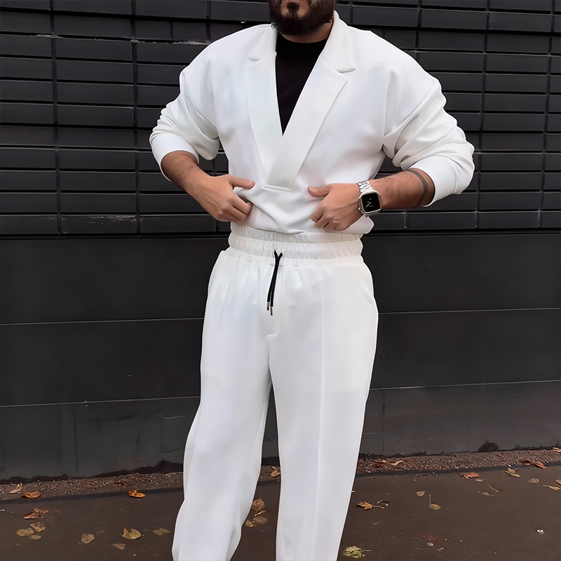 Men's Casual Lapel Top & Drawstring Pants Set