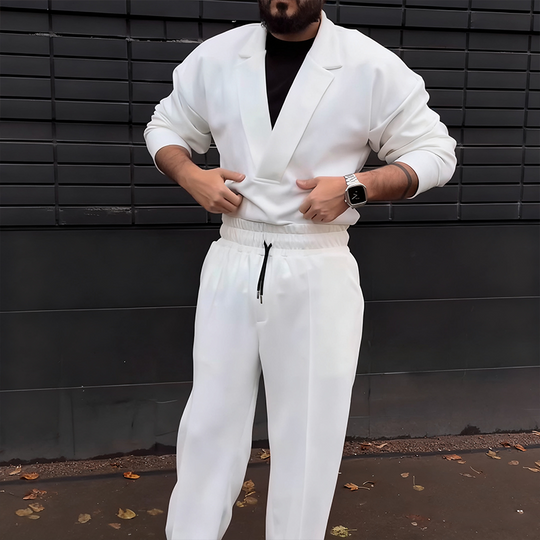 Men's Casual Lapel Top & Drawstring Pants Set