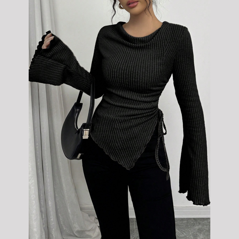 Funnel Neck Flare Sleeve Knit Top with Side Drawstring
