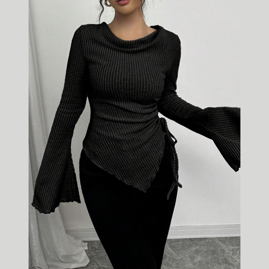 Funnel Neck Flare Sleeve Knit Top with Side Drawstring