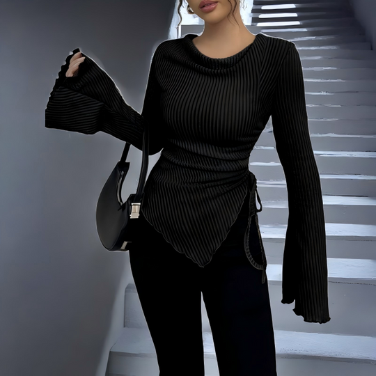 Funnel Neck Flare Sleeve Knit Top with Side Drawstring