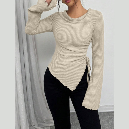 Funnel Neck Flare Sleeve Knit Top with Side Drawstring