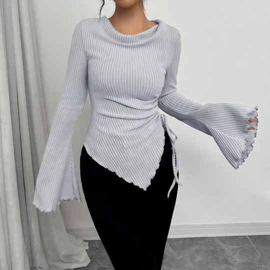 Funnel Neck Flare Sleeve Knit Top with Side Drawstring