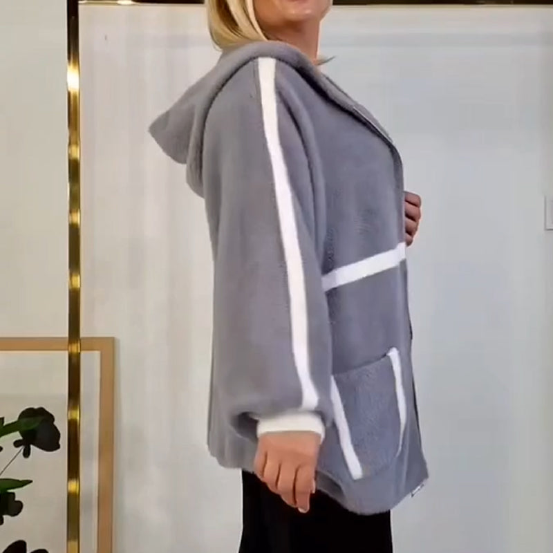Women's Cozy Warm Hooded Jacket with Stripe Detail