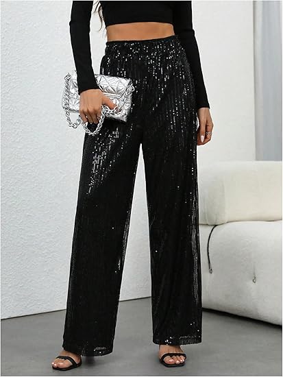 💖LAST DAY SALE 50% OFF🥰Women's Sequin Sparkle Wide Leg Pants with Elastic Waistband