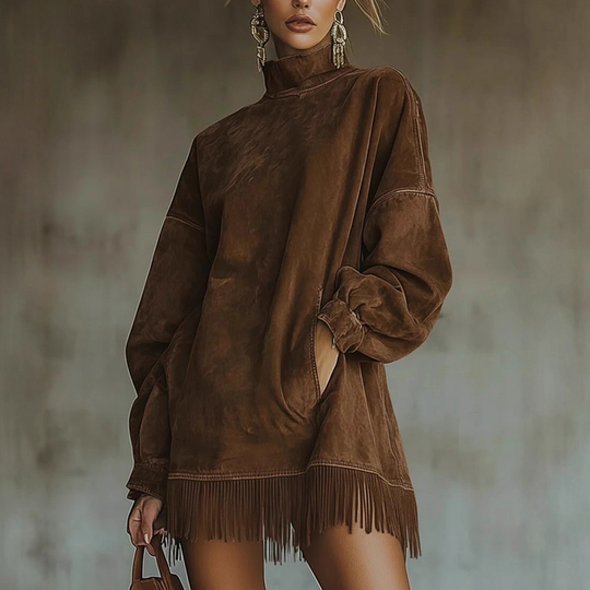 👗✨Casual Turtleneck Pocket Dress with Tassel Hem