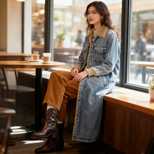 Women's Warm Lined Long Denim Coat