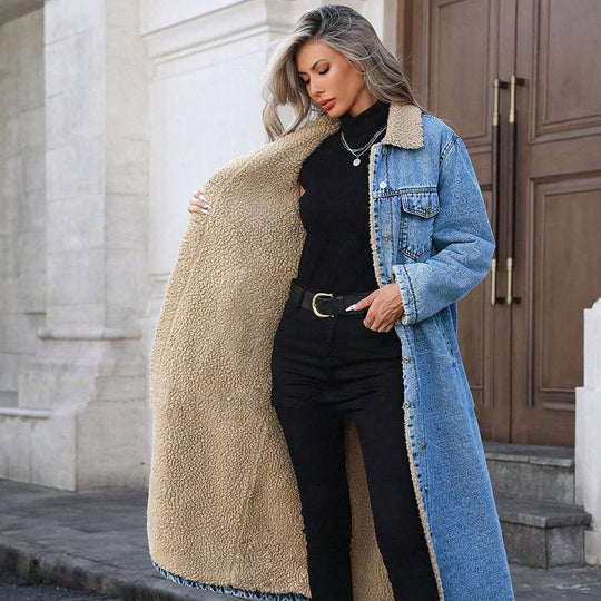Women's Warm Lined Long Denim Coat