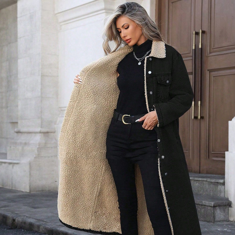 Women's Warm Lined Long Denim Coat