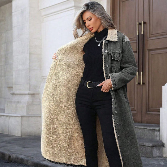 Women's Warm Lined Long Denim Coat