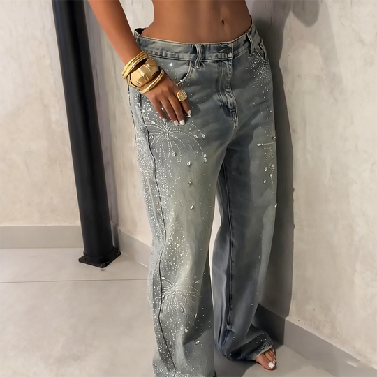 Women’s Sparkling Rhinestone Wide-Leg Jeans