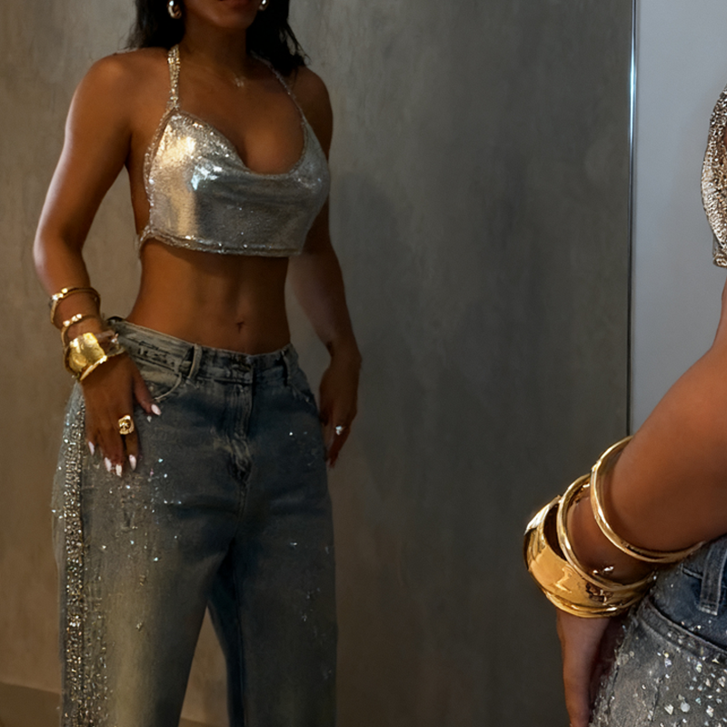 Women’s Sparkling Rhinestone Wide-Leg Jeans