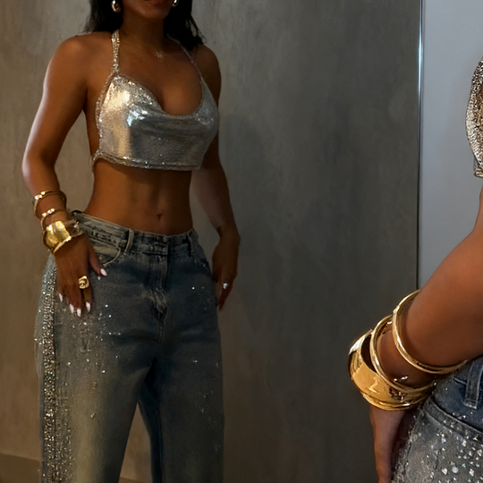 Women’s Sparkling Rhinestone Wide-Leg Jeans