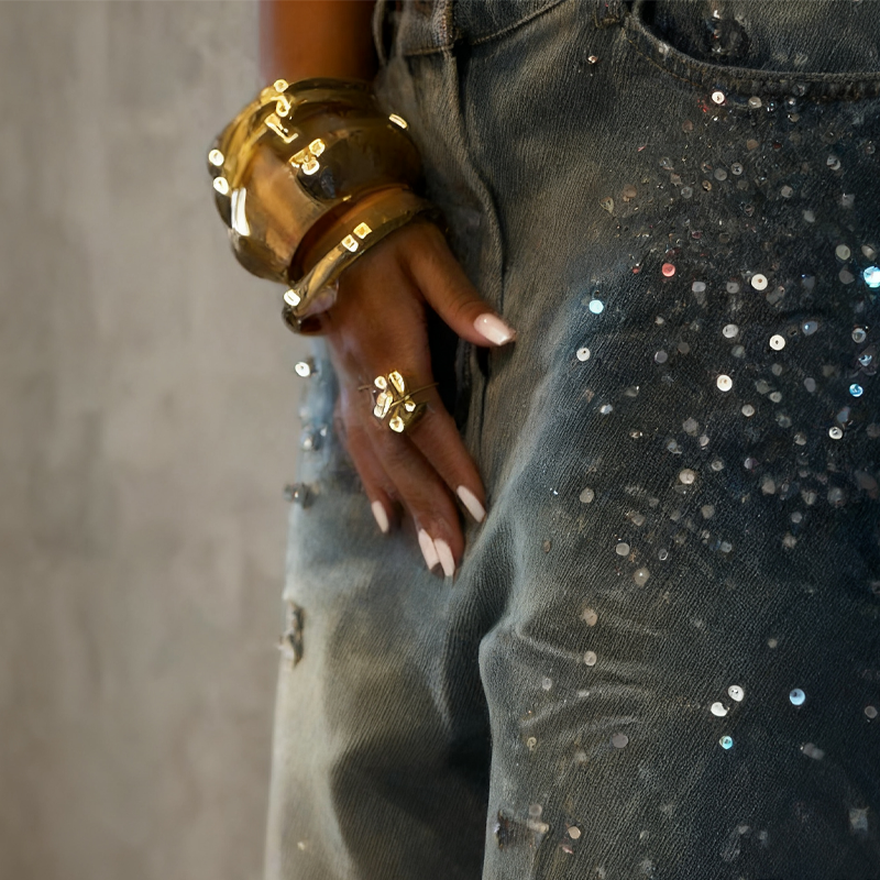 Women’s Sparkling Rhinestone Wide-Leg Jeans