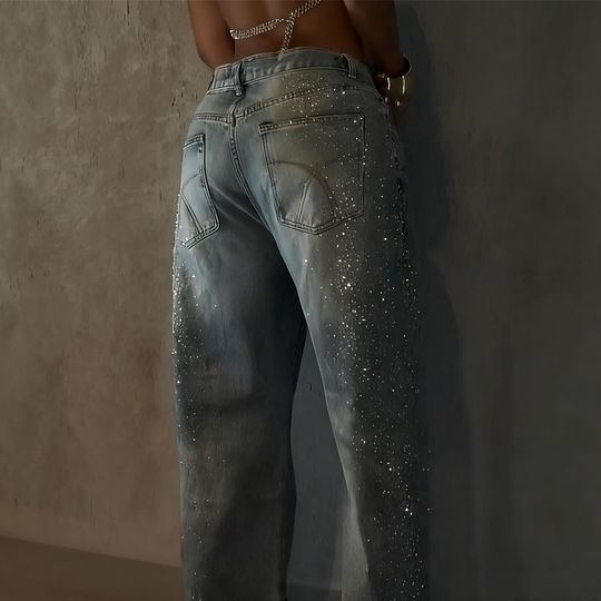 Women’s Sparkling Rhinestone Wide-Leg Jeans