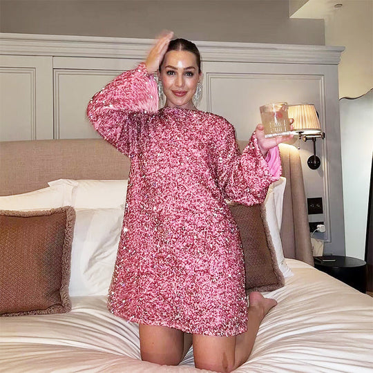 📢📢56 % OFF !!🎅Gift Choice - Long Sleeve Loose Sequined Tie-back Dress