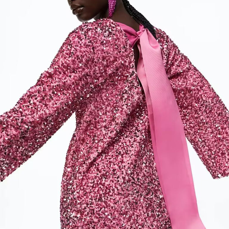 📢📢56 % OFF !!🎅Gift Choice - Long Sleeve Loose Sequined Tie-back Dress