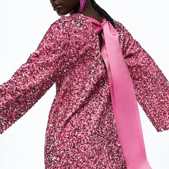 📢📢56 % OFF !!🎅Gift Choice - Long Sleeve Loose Sequined Tie-back Dress