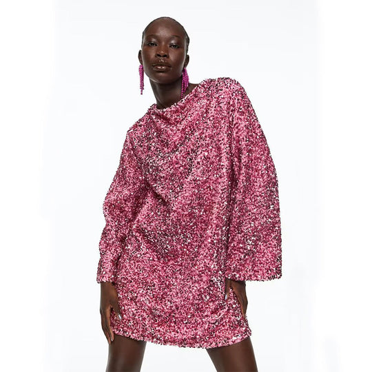 📢📢56 % OFF !!🎅Gift Choice - Long Sleeve Loose Sequined Tie-back Dress