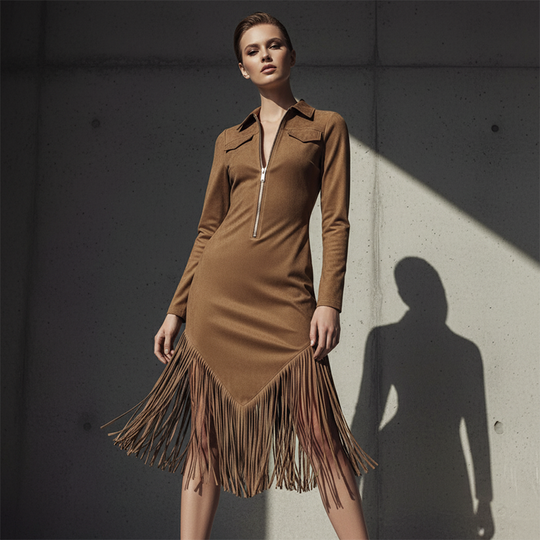 🌸💖Women's Retro Zipper Midi Dress with Tassel