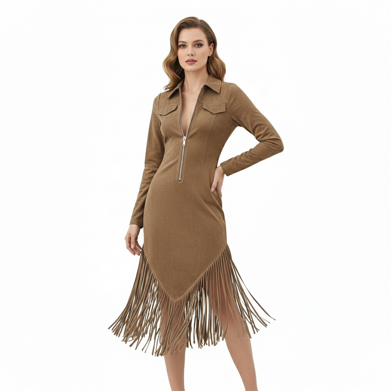 🌸💖Women's Retro Zipper Midi Dress with Tassel