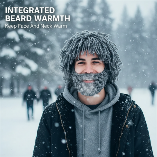 Punk-style hat with an attached simple wig and knitted beard