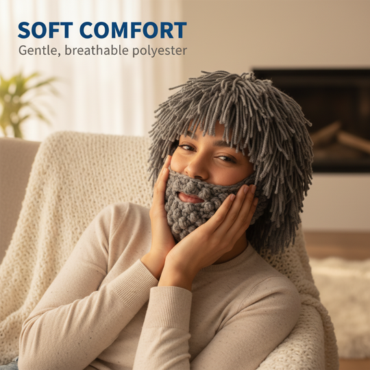 Punk-style hat with an attached simple wig and knitted beard