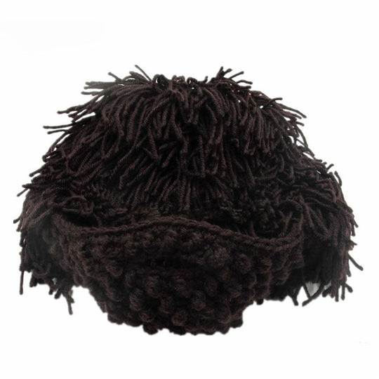 Punk-style hat with an attached simple wig and knitted beard