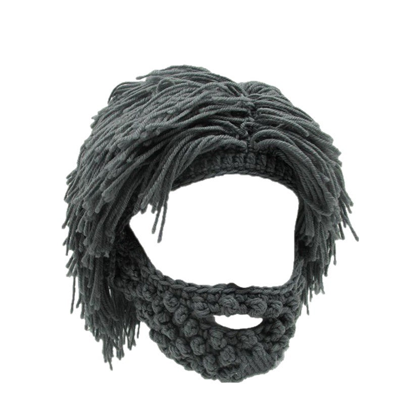Punk-style hat with an attached simple wig and knitted beard