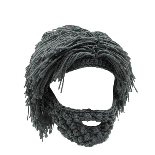 Punk-style hat with an attached simple wig and knitted beard