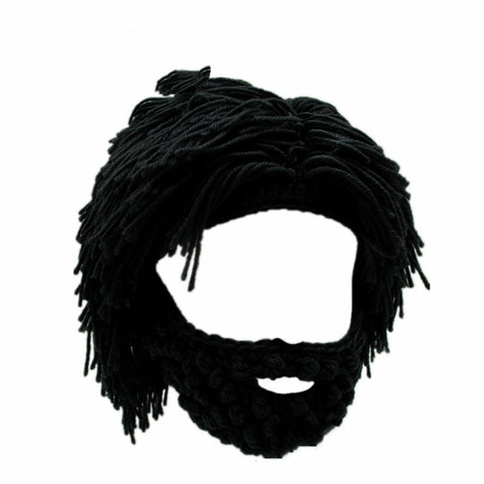 Punk-style hat with an attached simple wig and knitted beard