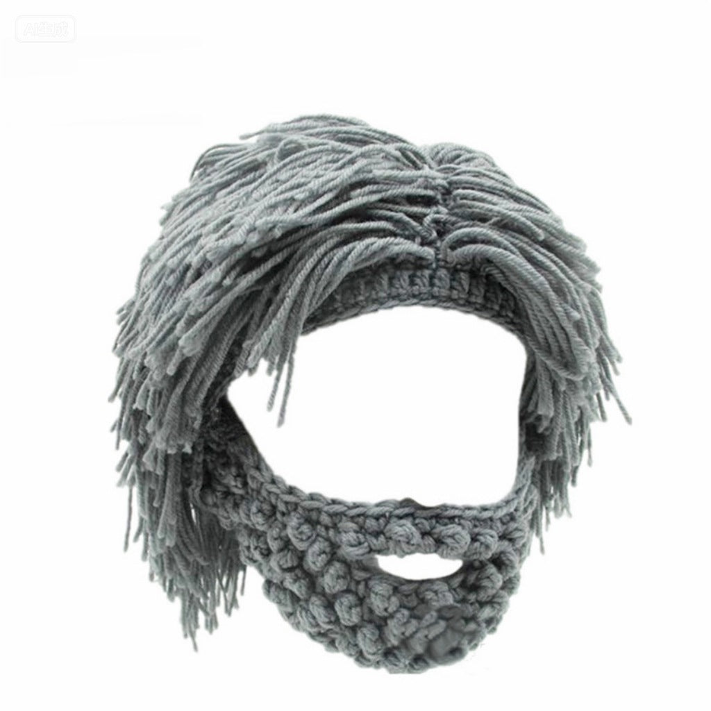 Punk-style hat with an attached simple wig and knitted beard