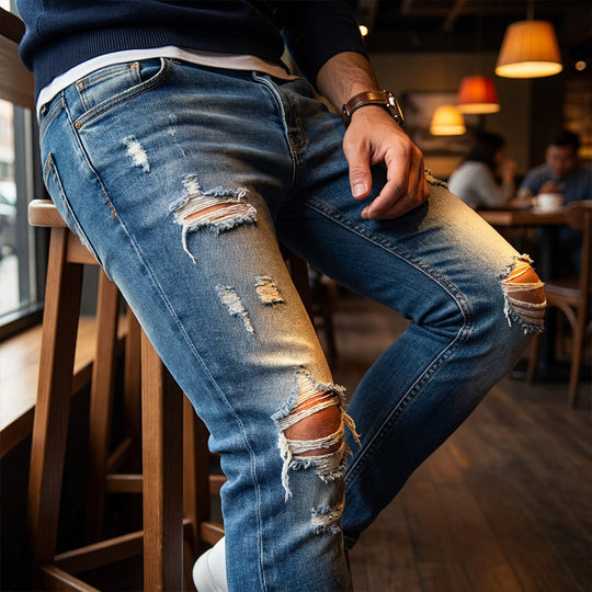 👖¡60% DE DESCUENTO! 🔥 Pantalones vaqueros ajustados con efecto desgastado para hombre – Corte ajustado y cónico, algodón transpirable &  Detalles rasgados y atrevidos