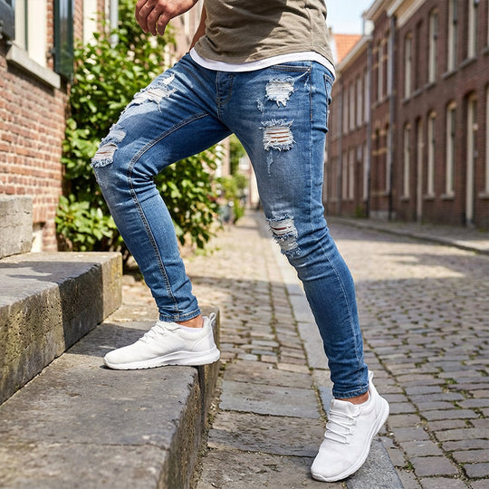 👖¡60% DE DESCUENTO! 🔥 Pantalones vaqueros ajustados con efecto desgastado para hombre – Corte ajustado y cónico, algodón transpirable &  Detalles rasgados y atrevidos