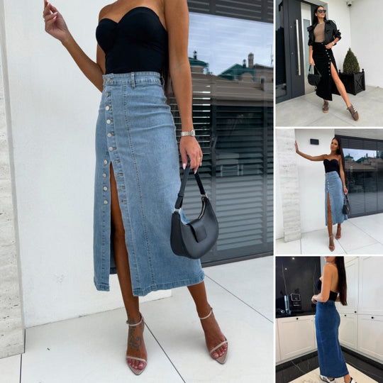 🔥New arrivals offer-Stylish Button Closure Split Denim Bodycon Skirt✨