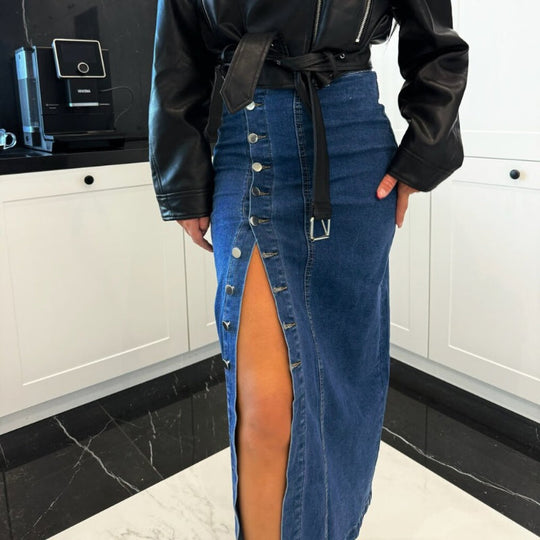 🔥New arrivals offer-Stylish Button Closure Split Denim Bodycon Skirt✨