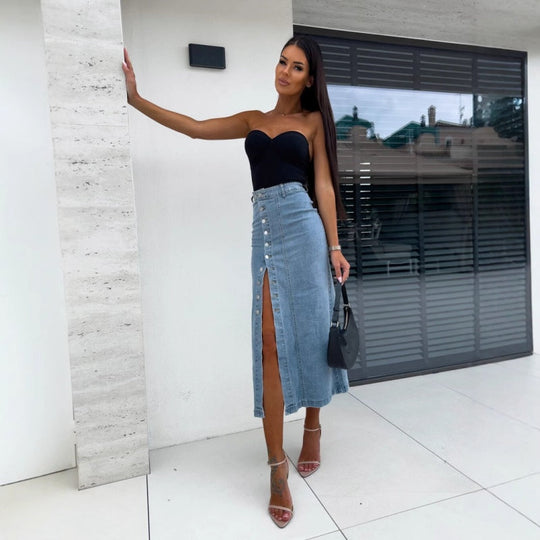 🔥New arrivals offer-Stylish Button Closure Split Denim Bodycon Skirt✨