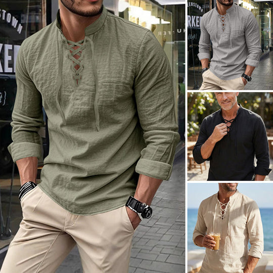 👔 50% OFF NOW! 💎 Men's Casual Solid Color Shirt – Lace-Up Neck, Modern Stand Collar & Breathable Cotton ✨