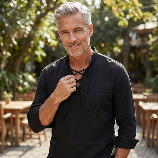 👔 50% OFF NOW! 💎 Men's Casual Solid Color Shirt – Lace-Up Neck, Modern Stand Collar & Breathable Cotton ✨